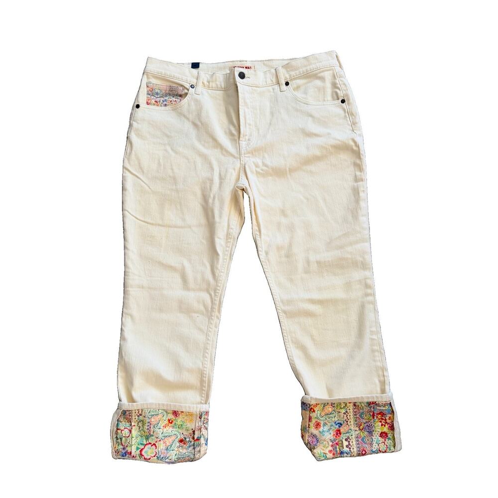 New Johnny Was Jeans Womens 29 Ivory Cuffed Cropped Boyfriend Patchwork Denim 32
